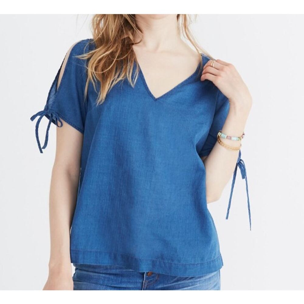 Madewell Indigo Tie-Sleeve Top in Dianne Wash V-Neckline Women's Size Small